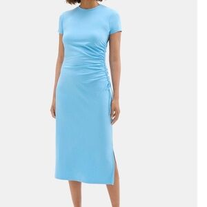 THEORY Gathered Short Sleeve Dress in Stretch Cotton-Modal; Carolina Blue P